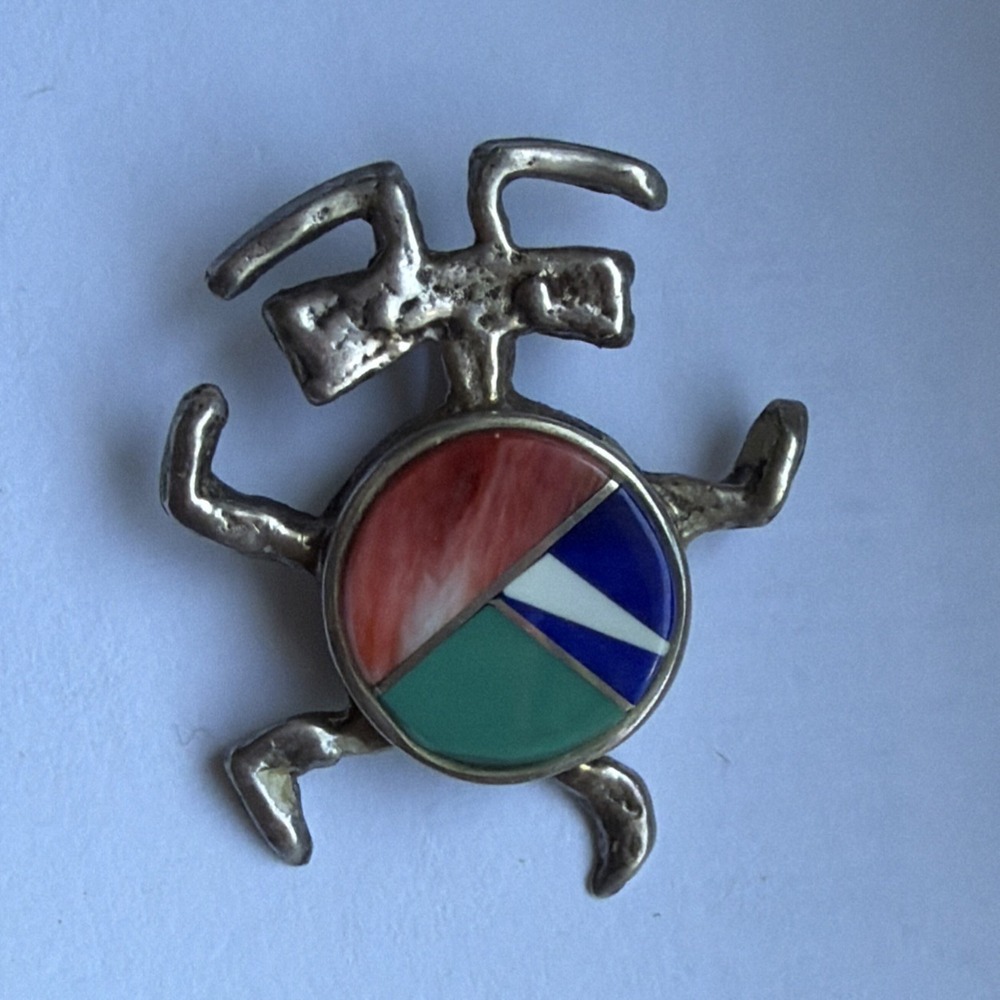 Vintage Rock Kritters Sterling Silver Inlaid Coral & Turquoise Pendant